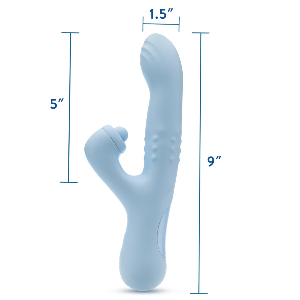 Blue dual-stimulation rabbit vibrator with sliding beads, come-hither motion, and clitoral massaging ball for waterproof play.

Keywords: rabbit vibrator, Devin vibrator, G-spot vibrator, clitoral stimulation, dual-stimulation, sliding beads vibrator, come-hither motion, waterproof vibrator, USB rechargeable, soft silicone, body-safe, 9.25-inch vibrator, massaging beads, clitoral thumper