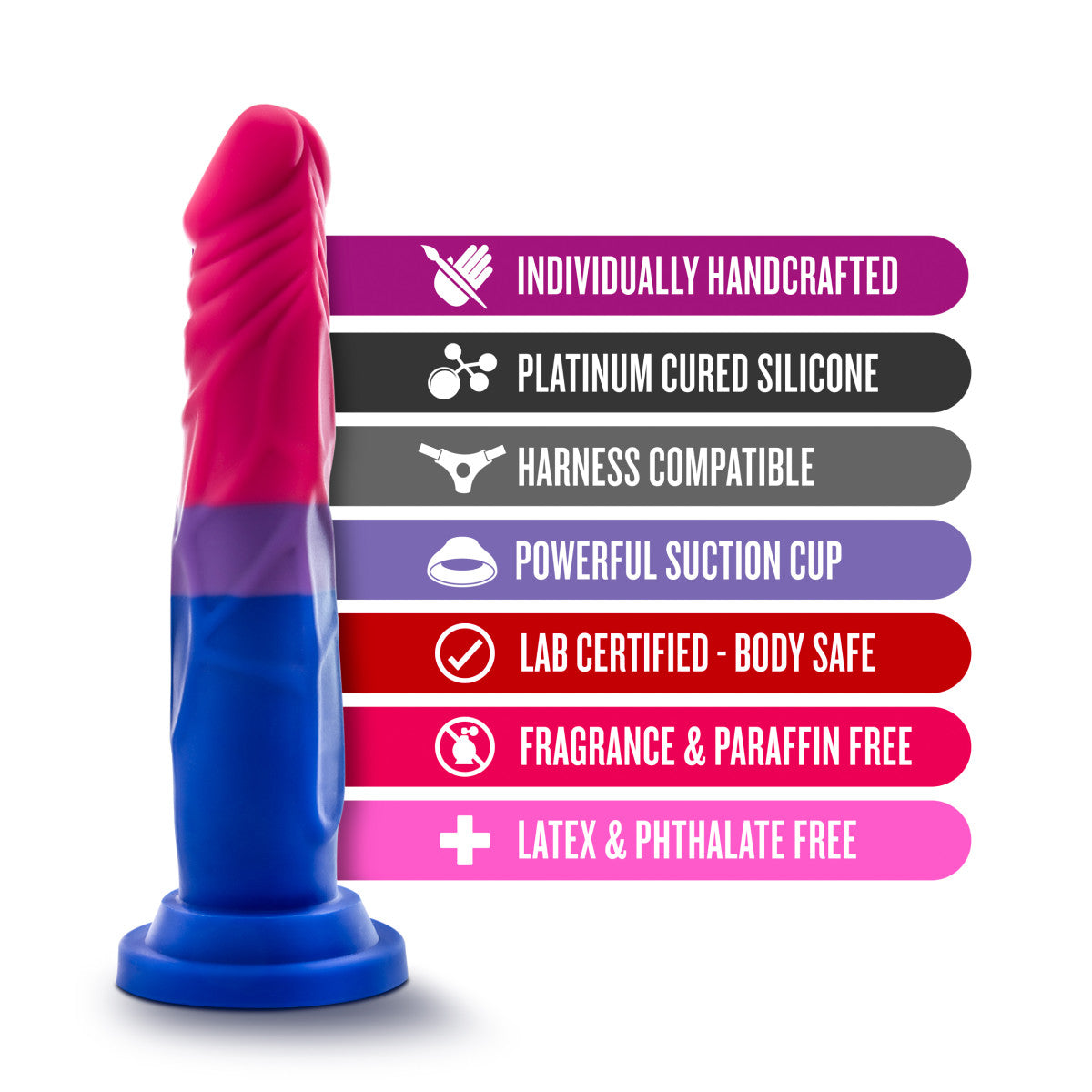 Bisexual pride-colored silicone dildo with a straight shaft, tapered head, and suction base, made from smooth Purio™ silicone.
Keywords: bisexual pride dildo, Avant dildo, straight shaft dildo, tapered head dildo, suction cup dildo, harness-compatible dildo, body-safe silicone dildo, colorful dildo, Purio silicone, artisan-crafted dildo.