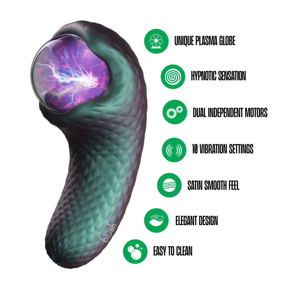 Temptasia Enchanted Serpent Pulse Vibrator in Dark Millenia with a mystical plasma globe, dual motors, and textured silicone for customizable, erotic play.