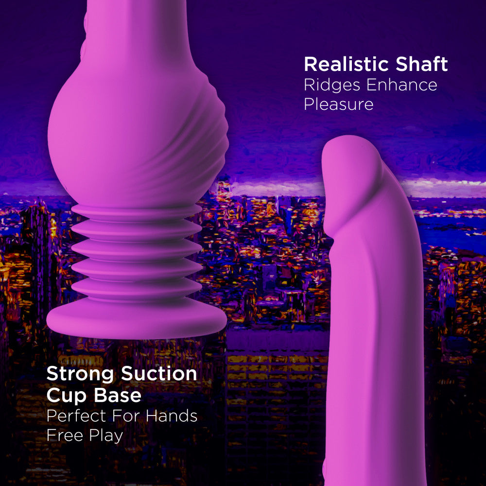 Purple G-spot dildo with thumping and vibrating Gen 2 Gyro-Quake™ technology, suction base, and waterproof silicone design.

Keywords: Impressions New York, vibrating dildo, G-spot dildo, thumping dildo, Gyro-Quake technology, silicone dildo, suction cup dildo, IPX7 waterproof, platinum-cured silicone, USB rechargeable, 9.75-inch dildo, ergonomic design, hands-free pleasure, luxury sex toy