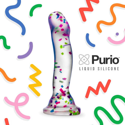 Glow-in-the-dark dildo with neon confetti, crafted from body-safe Purio™ silicone, featuring a curved design, suction base, and playful visual appeal. 
Keywords: glow-in-the-dark dildo, confetti dildo, silicone dildo, suction cup dildo, harness-compatible dildo, body-safe dildo, Purio silicone, G-spot dildo, P-spot dildo, fun adult toy. 