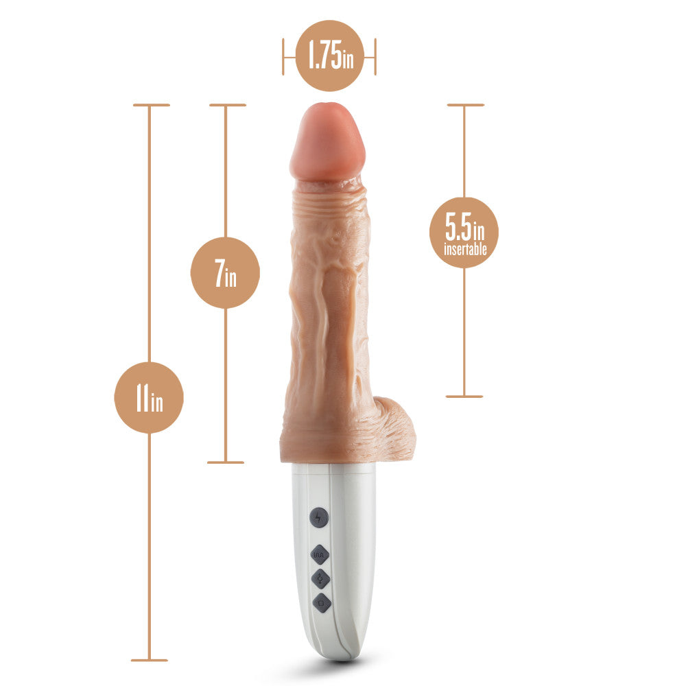 Realistic thrusting and vibrating dildo with remote control, warming feature, and hands-free suction cup base. 
Keywords: realistic dildo, thrusting dildo, vibrating dildo, remote control sex toy, platinum-cured silicone, warming dildo, suction cup dildo, USB rechargeable dildo, 7-inch dildo, body-safe sex toy, advanced stimulation, thrusting and gyrating dildo