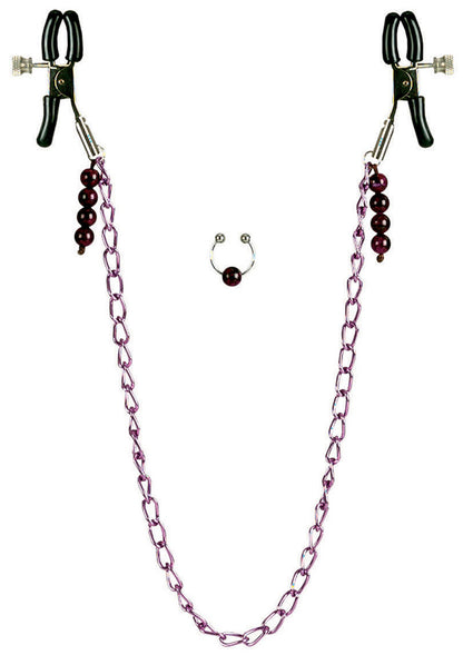 Nipple Play Purple Chain Clamps and Faux Belly Ring