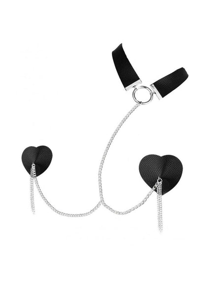 Nipplicious Dominatirix Pasties with Collar - Black The Nipplicious Leather Collar and Pasties Set pairs a sleek leather collar with heart-shaped pasties and chains, designed for bold and sensual play. Keywords: leather collar and pasties, heart-shaped nipple pasties, Nipplicious pasties, dominatrix collar, nipple play accessories, bondage sets, sexy collar and pasties, chain nipple pasties, kinky bedroom accessories, body-safe nipple pasties.