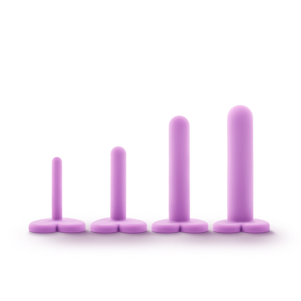 Blush Wellness Silicone Dilator Set, 4-piece progressive vaginal dilators with UltraSilk® smooth Puria™ silicone, heart-shaped bases, and rounded tips.
vaginal dilator set, progressive silicone dilators, UltraSilk dilators, Puria silicone dilator kit, hypoallergenic dilators, heart-shaped base dilators, comfortable vaginal dilators, Blush Wellness dilator set, vaginal health tools, smooth silicone dilators.