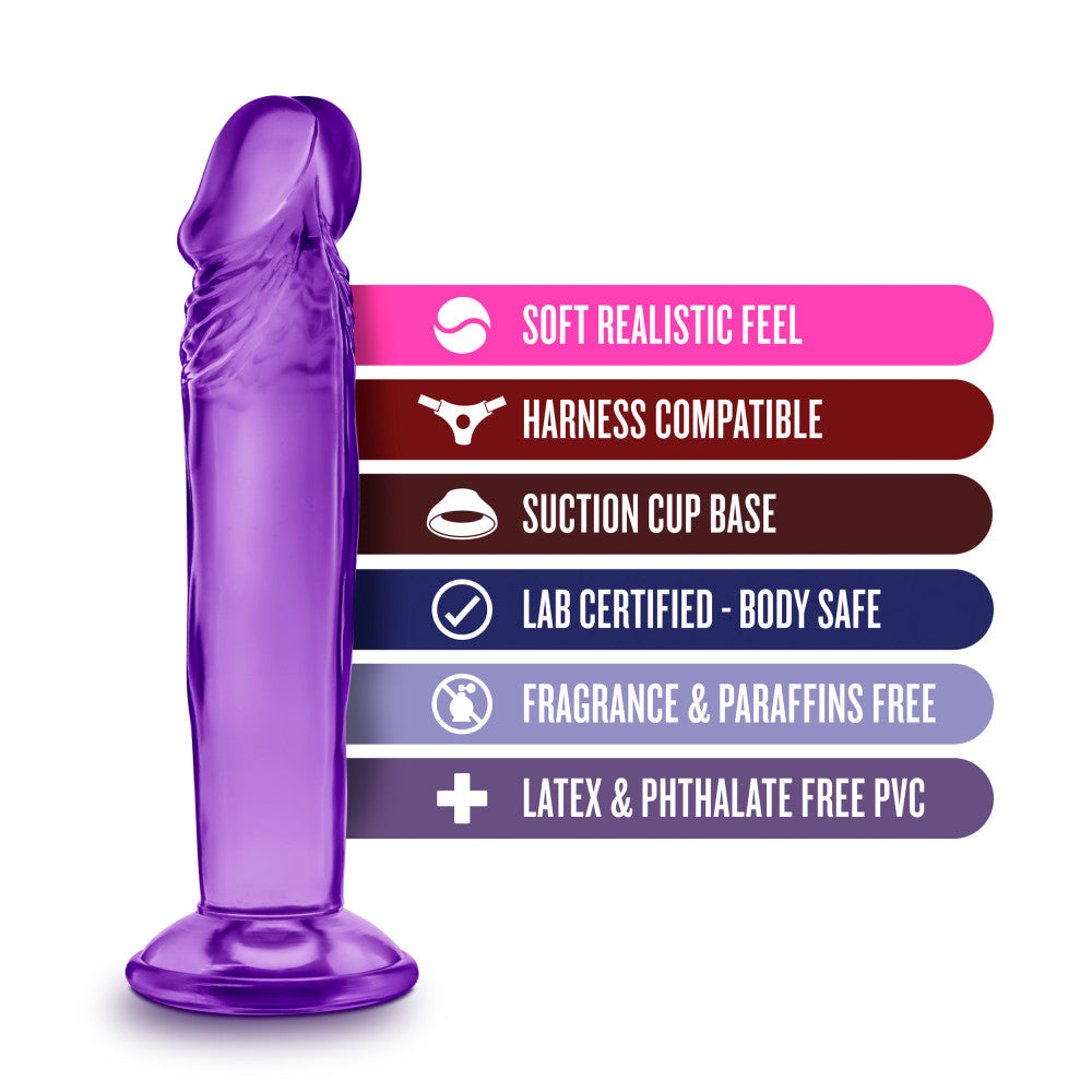 Compact, 4-inch suction cup dildo in pink, blue, or purple; body-safe, beginner-friendly, and harness compatible. Keywords: Sweet N' Small dildo, 4-inch dildo, compact suction cup dildo, beginner-friendly dildo, harness compatible dildo, phthalate-free dildo, body-safe PVC dildo, pink suction cup dildo, blue suction cup dildo, purple suction cup dildo, realistic small dildo, easy to clean dildo, non-porous PVC dildo

