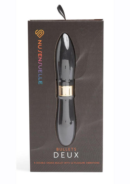 Deux Bullet by Nu Sensuelle, double-ended vibrator with 12 speeds per end, waterproof design, and powerful motors.

double-ended vibrator, dual-motor vibe, clitoral stimulation, nipple stimulation, waterproof vibrator, rechargeable vibe, 60SX motor, body-safe silicone toy, versatile sex toy, coral vibrator, magenta vibrator, black vibrator, pinpoint stimulation, rumbly vibrations