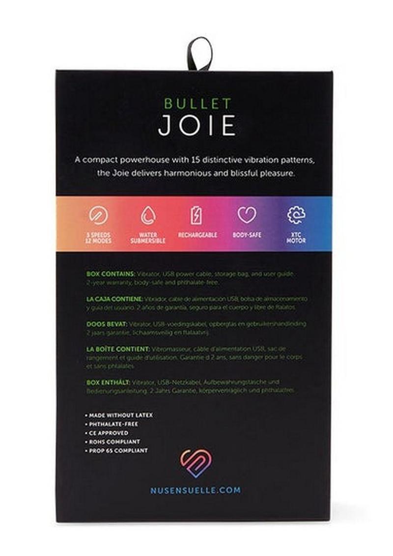 Nu Sensuelle Joie Rechargeable Silicone Bullet - Black Joie bullet vibrator with 3 speeds, 12 pulsations, waterproof design, and USB rechargeable.

Keywords: Joie bullet vibrator, compact vibrator, waterproof bullet vibe, 12-pulsation bullet, USB rechargeable vibrator, body-safe small vibrator, clitoral and nipple stimulator, travel-friendly vibrator, moderate intensity vibrator, versatile bullet vibrator.