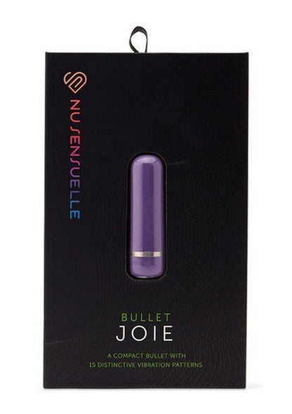 Nu Sensuelle Joie Rechargeable Silicone Bullet - Purple Joie bullet vibrator with 3 speeds, 12 pulsations, waterproof design, and USB rechargeable.

Keywords: Joie bullet vibrator, compact vibrator, waterproof bullet vibe, 12-pulsation bullet, USB rechargeable vibrator, body-safe small vibrator, clitoral and nipple stimulator, travel-friendly vibrator, moderate intensity vibrator, versatile bullet vibrator.