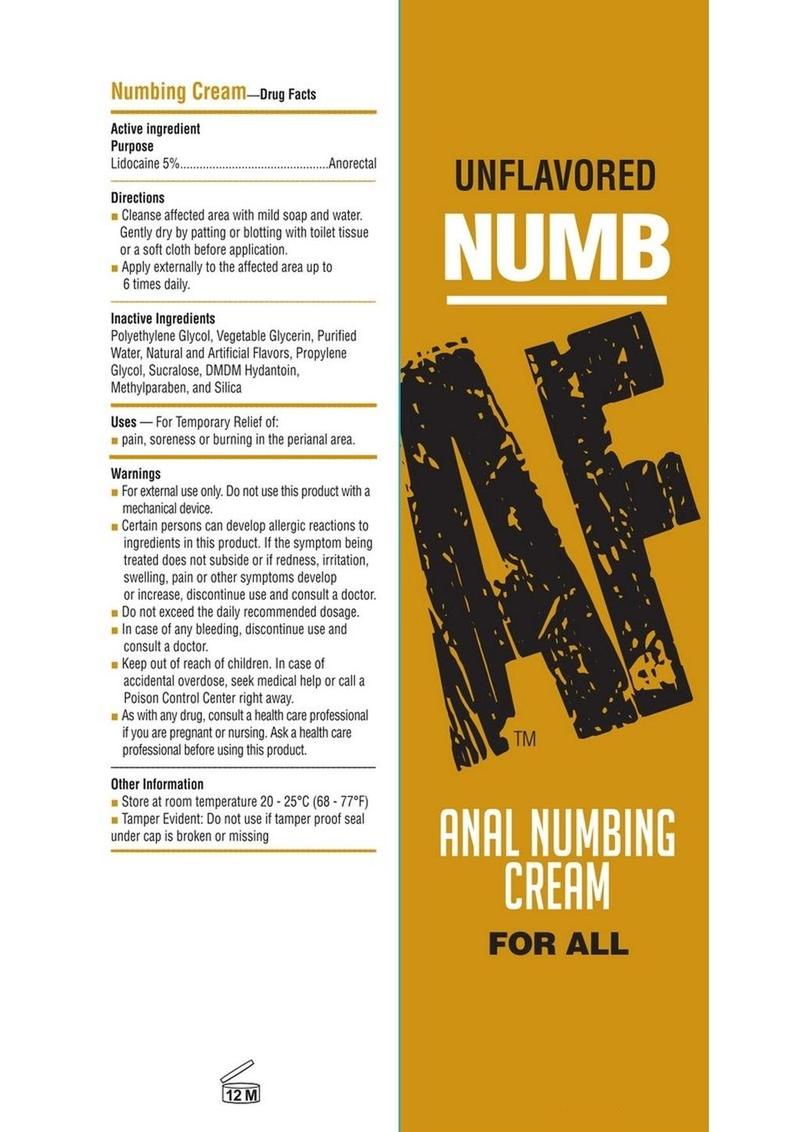 Close-up of the packaging for Cupcake Flavored NUMB AF Anal Numbing Cream in a 1.5 oz (44 ml) tube. The yellow box displays the product name with "Cupcake Flavored" at the top and "Anal Numbing Cream For All" at the bottom. The left side of the box lists active and inactive ingredients, directions, uses, and warnings. The cream contains 5% lidocaine for temporary relief of pain, soreness, or burning in the perianal area. Safety and usage instructions are provided, including storage information and cautions 