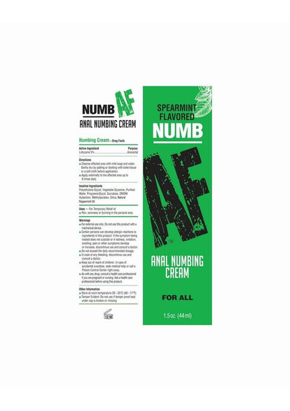 Close-up of the packaging for spearmint flavored NUMB AF Anal Numbing Cream in a 1.5 oz (44 ml) tube. The green box displays the product name with flavor at the top and "Anal Numbing Cream For All" at the bottom. The left side of the box lists active and inactive ingredients, directions, uses, and warnings. The cream contains 5% lidocaine for temporary relief of pain, soreness, or burning in the perianal area. Safety and usage instructions are provided, including storage information and cautions 
