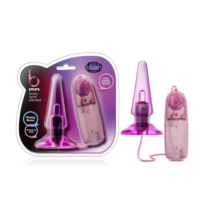 B Yours Basic Pleaser Vibrating Anal Plug, beginner-friendly, adjustable speeds, splashproof, PVC, available in blue and pink.
Keywords: vibrating anal plug, beginner anal toy, adjustable-speed anal plug, remote-control anal plug, waterproof anal plug, non-porous PVC plug, body-safe anal plug, blue vibrating anal plug, pink vibrating anal plug, anal plug for beginners.