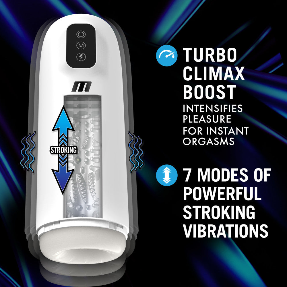 White vibrating and stroking male masturbator with Turbo Climax Boost, soft textured chamber, and USB rechargeable design.
Keywords: male masturbator, stroking masturbator, vibrating stroker, Robo-Bator, Turbo Climax Boost, soft inner chamber, USB rechargeable, IPX6 splashproof, phthalate-free, men's sex toy, powerful stroker, 7 modes vibrator, realistic texture