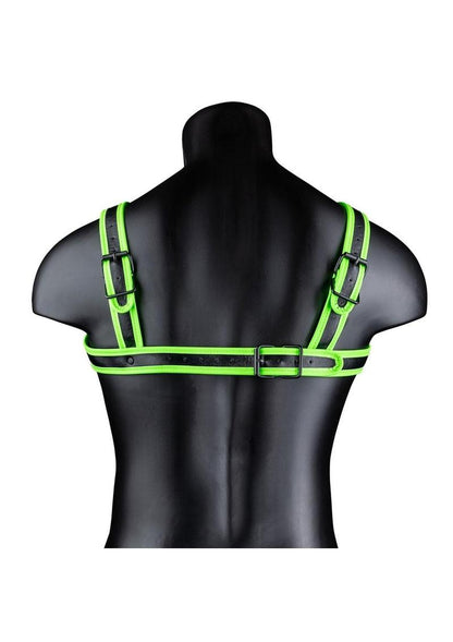 Ouch! Buckle Harness - Black/Glow In The Dark/Green - Large/XLarge Glow-in-the-dark adjustable bondage harness with fluorescent green detailing. Keywords: Ouch Glow in the Dark Harness, glow-in-the-dark bondage harness, fluorescent green harness, adjustable BDSM harness, glow bondage gear, glow-in-the-dark fetish wear, party bondage accessories, men’s harness, glow kink gear, neon bondage harness.