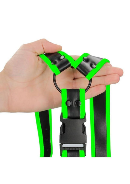 Ouch! Buckle Harness - Black/Glow In The Dark/Green - Medium/SmallGlow-in-the-dark adjustable bondage harness with fluorescent green detailing. Keywords: Ouch Glow in the Dark Harness, glow-in-the-dark bondage harness, fluorescent green harness, adjustable BDSM harness, glow bondage gear, glow-in-the-dark fetish wear, party bondage accessories, men’s harness, glow kink gear, neon bondage harness.