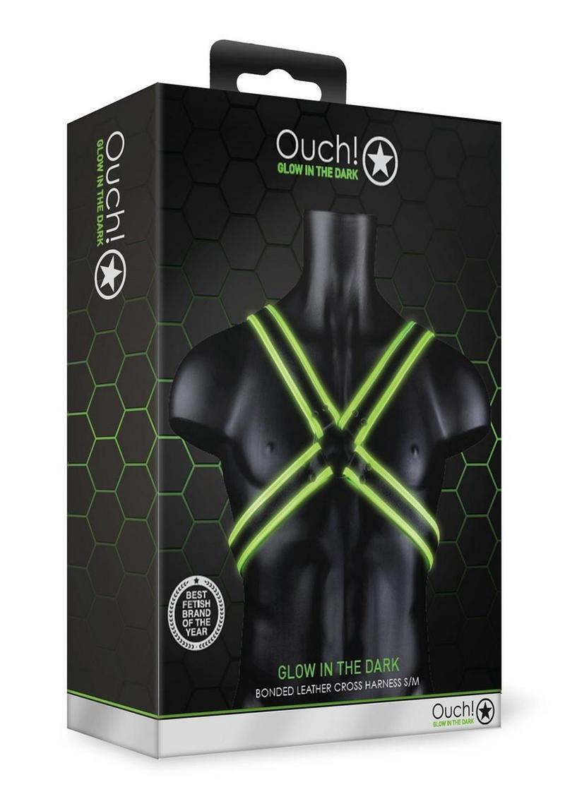 Ouch! Cross Harness - Black/Glow In The Dark/Green - Medium/Small Glow-in-the-dark cross harness with adjustable straps and fluorescent green detailing. Keywords: Ouch Glow in the Dark Cross Harness, glow-in-the-dark harness, fluorescent green harness, adjustable bondage harness, BDSM glow gear, glow-in-the-dark rave harness, men’s bondage gear, cross-style harness, neon kink accessories, glow BDSM harness