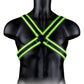 Ouch! Cross Harness - Black/Glow In The Dark/Green - Medium/Small Glow-in-the-dark cross harness with adjustable straps and fluorescent green detailing. Keywords: Ouch Glow in the Dark Cross Harness, glow-in-the-dark harness, fluorescent green harness, adjustable bondage harness, BDSM glow gear, glow-in-the-dark rave harness, men’s bondage gear, cross-style harness, neon kink accessories, glow BDSM harness