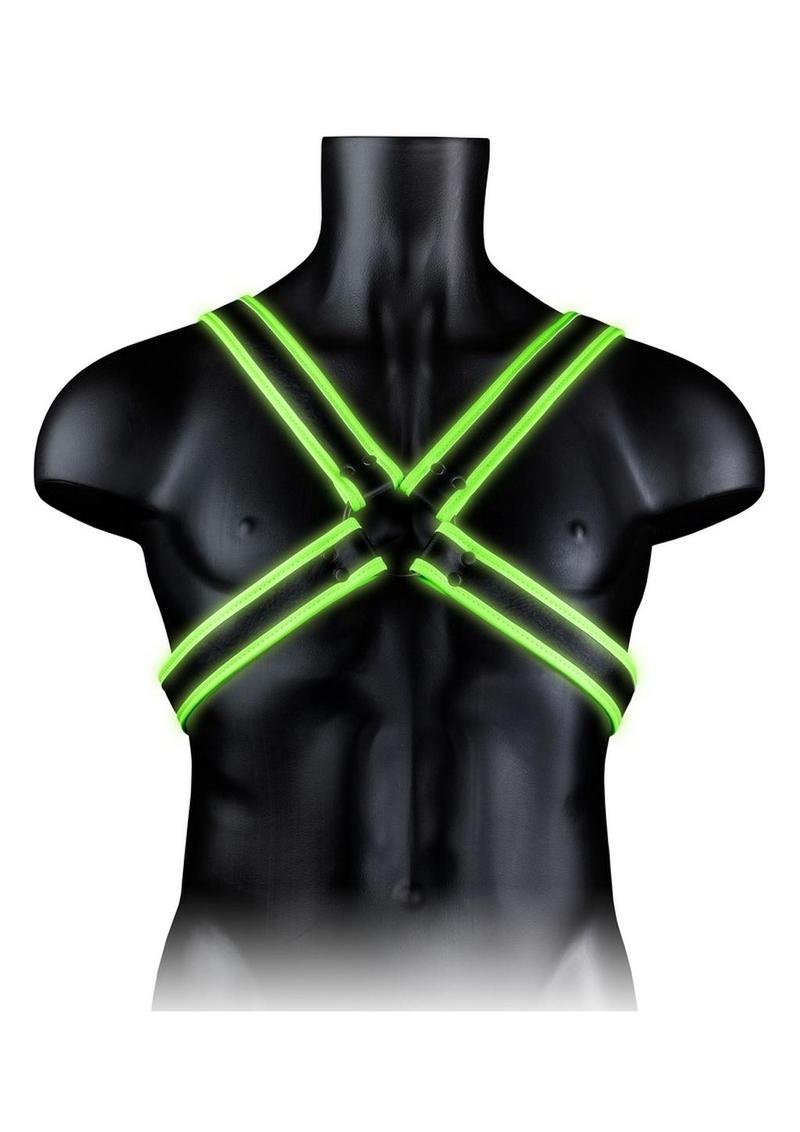 Ouch! Cross Harness - Black/Glow In The Dark/Green - Medium/Small Glow-in-the-dark cross harness with adjustable straps and fluorescent green detailing. Keywords: Ouch Glow in the Dark Cross Harness, glow-in-the-dark harness, fluorescent green harness, adjustable bondage harness, BDSM glow gear, glow-in-the-dark rave harness, men’s bondage gear, cross-style harness, neon kink accessories, glow BDSM harness