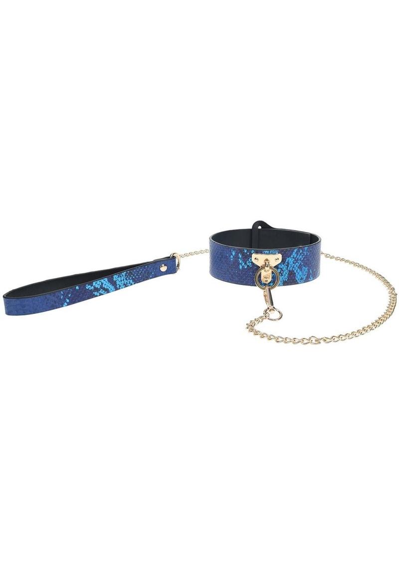 Ouch! Florence Collection Collar with Leash - Blue Florence Collection Collar and Leash by Ouch! featuring bonded leather and iridescent hardware, designed for stylish control and comfort