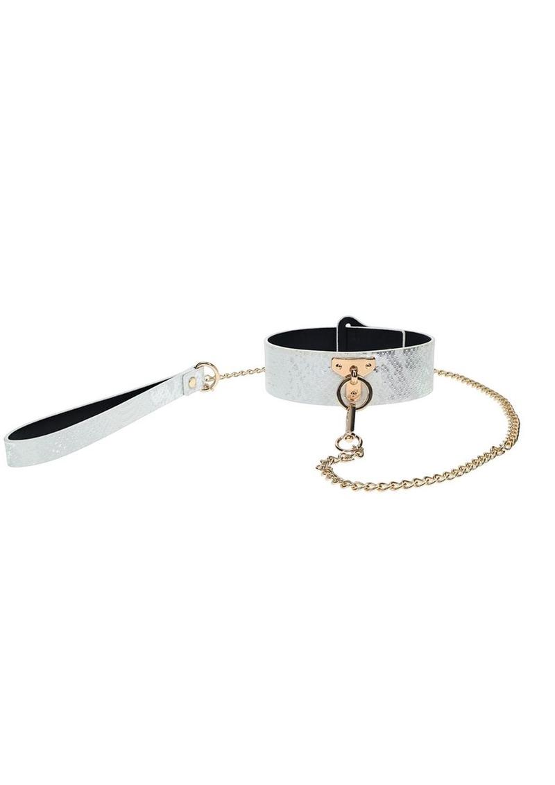 Florence Collection Collar and Leash by Ouch! featuring bonded leather and iridescent hardware, designed for stylish control and comfort