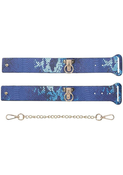 Ouch! Florence Collection Handcuffs - Blue Florence Collection handcuffs by Ouch! crafted from bonded leather hand cuffs with iridescent hardware, combining high fashion and secure functionality.