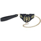 London Collection Collar and Leash by Ouch! featuring bonded leather, gold embroidered skull-and-wings motif, and a sleek gold chain leash for BDSM or roleplay