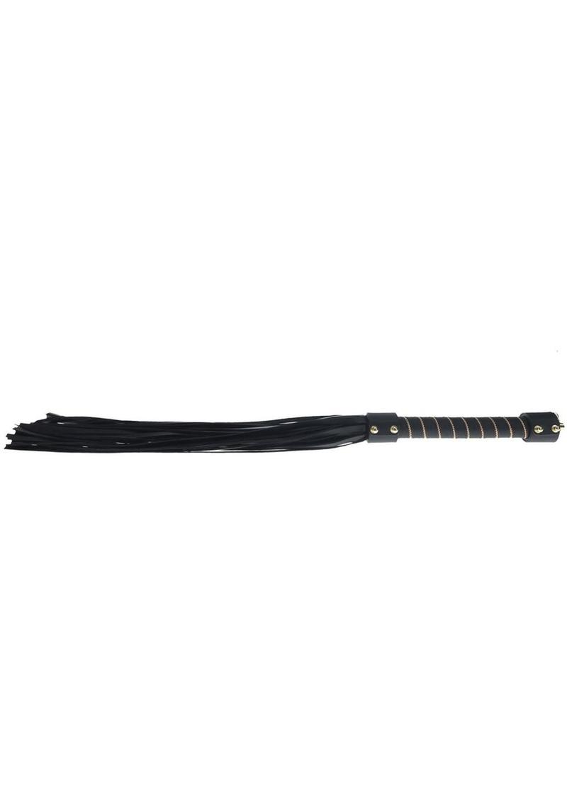 Ouch! London Collection Flogger - Black London Collection Flogger by Ouch! featuring black bonded leather strands, a sturdy handle with gold accents, and iridescent hardware for stylish impact play.