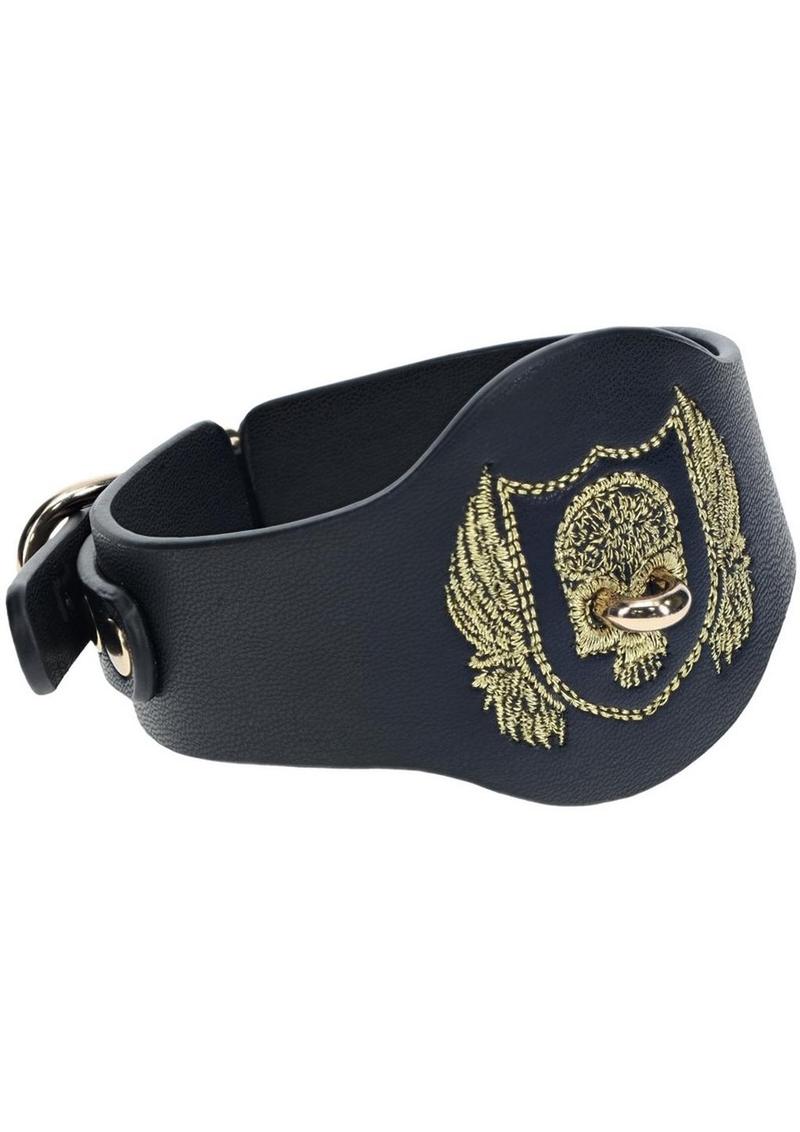 Ouch! London Collection Leg Cuffs - Black London Collection Ankle Cuffs by Ouch! featuring black bonded leather, gold skull and wings embroidery, and iridescent gold hardware for stylish BDSM play