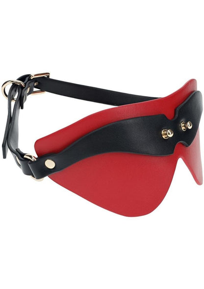 Red and black bonded leather blindfold with gold-tone hardware and an adjustable strap, designed for stylish and functional BDSM use. Ouch! Milan Collection Blindfold - Black/Red Milan Collection Blindfold, BDSM blindfold, sensory deprivation mask, Ouch! blindfold, red and black blindfold, bonded leather blindfold, gold-tone hardware blindfold, adjustable BDSM mask, stylish BDSM accessories, Shots Toys warranty.