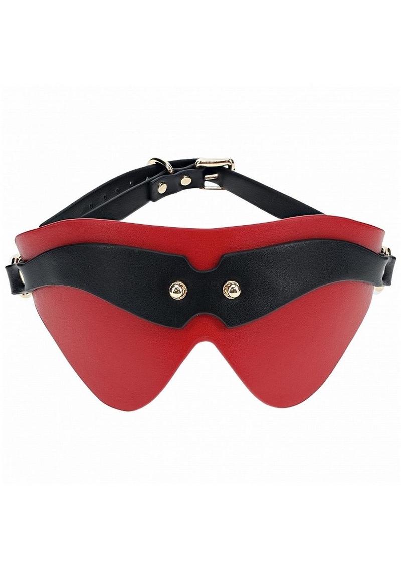 Ouch! Milan Collection Blindfold - Black/Red Red and black bonded leather blindfold with gold-tone hardware and an adjustable strap, designed for stylish and functional BDSM use.