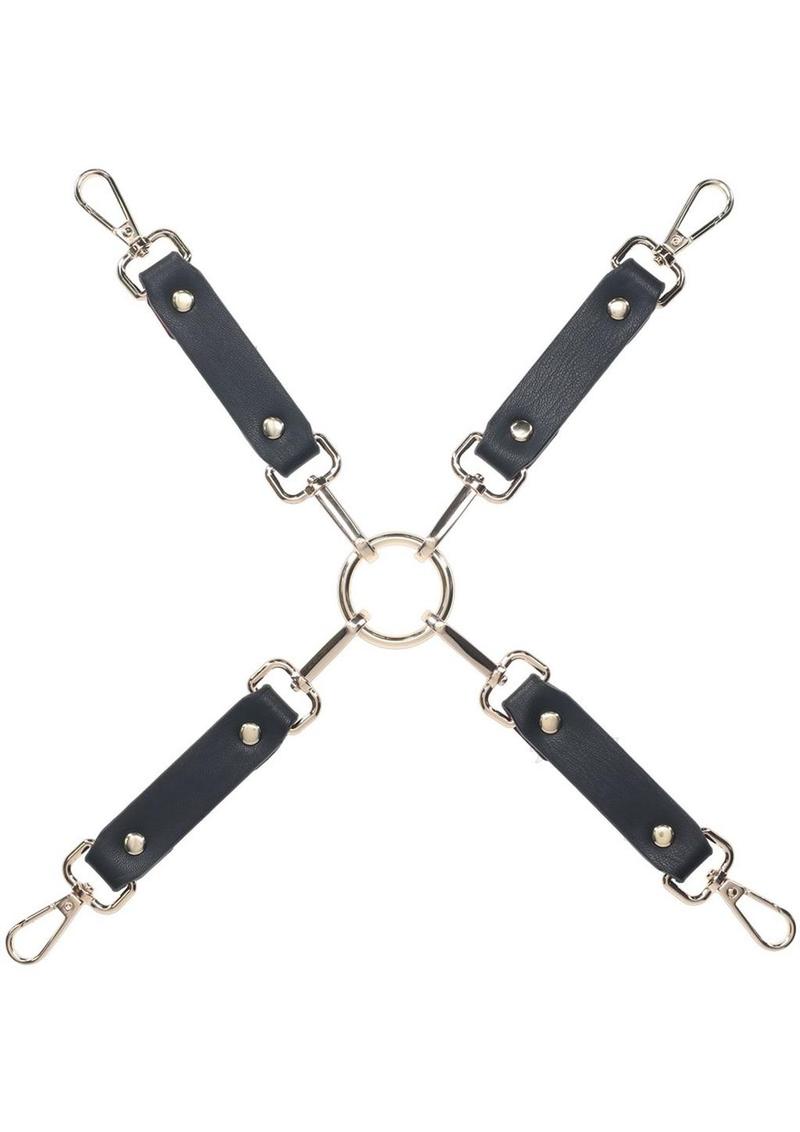 Ouch! Milan Collection Hogtie Connectors - Black/Red Black bonded leather hogtie with gold hardware and swivel clasps, perfect for securing wrist and ankle cuffs during BDSM play.