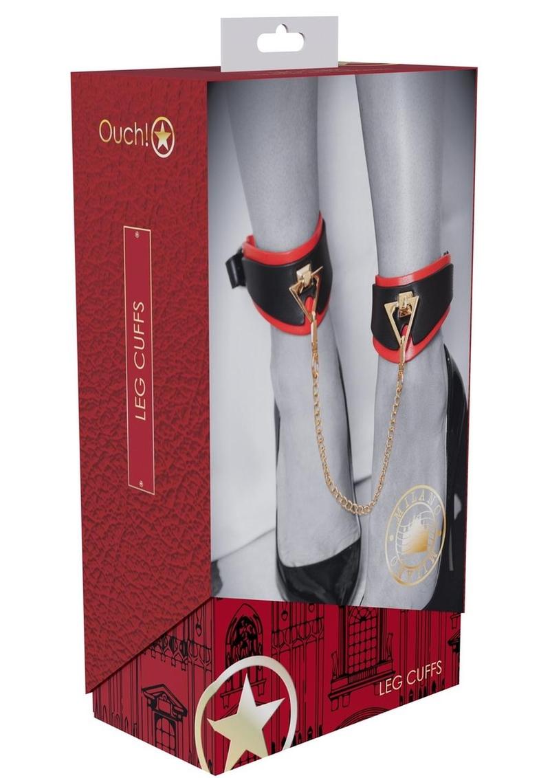 Ouch! Milan Collection Leg Cuffs - Black/Red Black and red bonded leather ankle cuffs with gold chain and decorative accents, designed for stylish BDSM play.