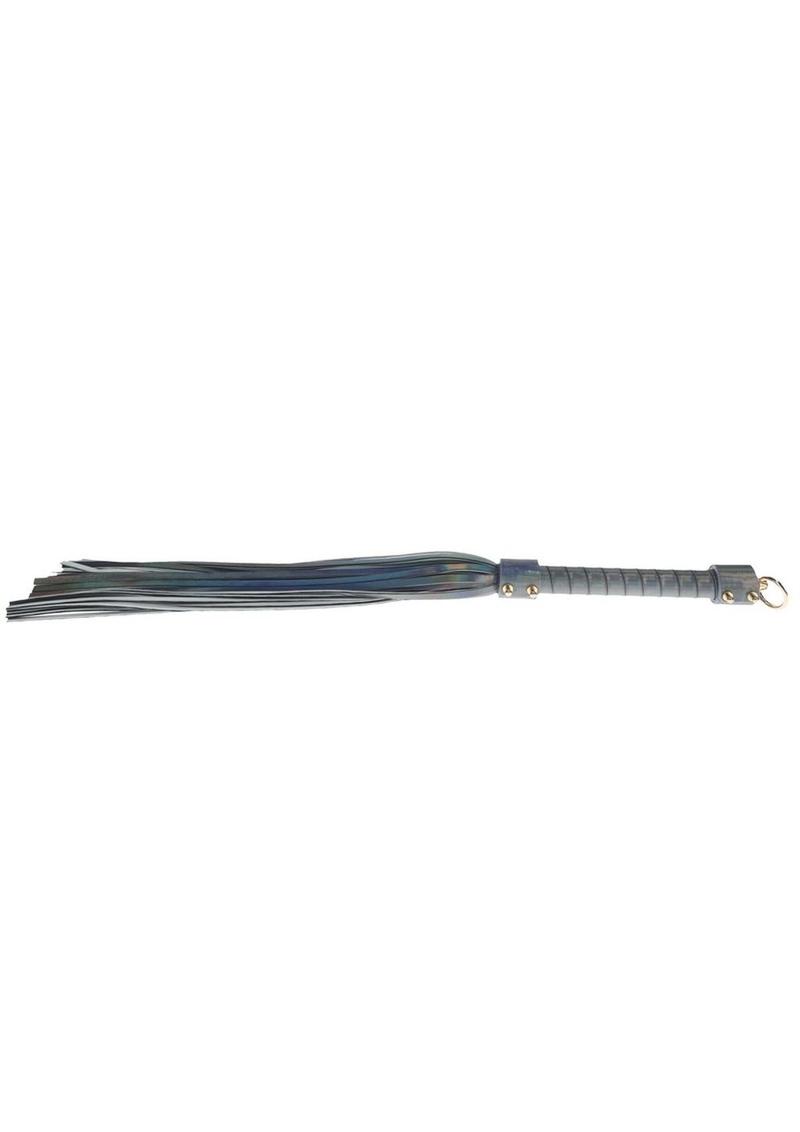 Ouch! Paris Collection Flogger - Black Paris Collection Flogger by Ouch! in blue, gray, and pink, featuring iridescent finishes, soft leather strands, and a sturdy handle for stylish and versatile BDSM play.