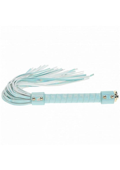 Ouch! Paris Collection Flogger - Blue Paris Collection Flogger by Ouch! in blue, gray, and pink, featuring iridescent finishes, soft leather strands, and a sturdy handle for stylish and versatile BDSM play.