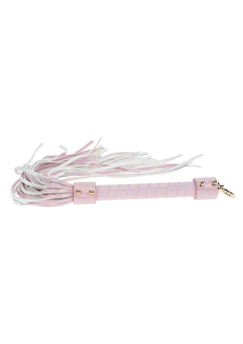 Ouch! Paris Collection Flogger - Pink Paris Collection Flogger by Ouch! in blue, gray, and pink, featuring iridescent finishes, soft leather strands, and a sturdy handle for stylish and versatile BDSM play.