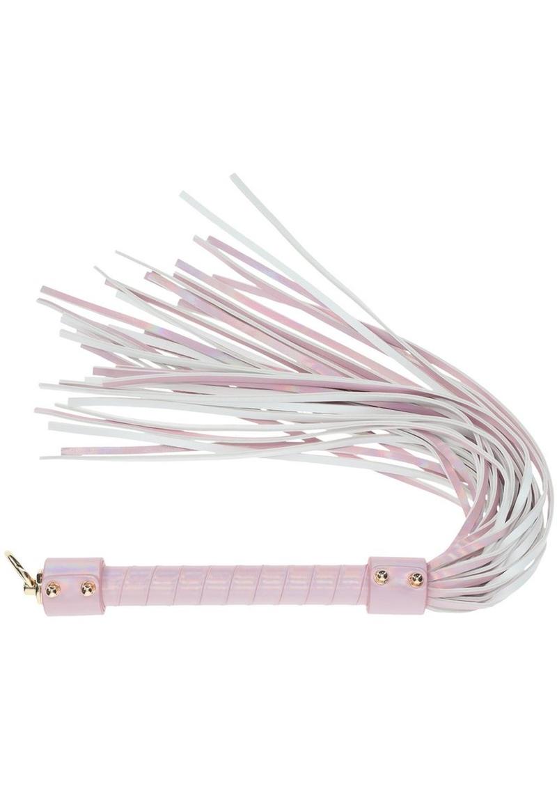 Ouch! Paris Collection Flogger - Pink Paris Collection Flogger by Ouch! in blue, gray, and pink, featuring iridescent finishes, soft leather strands, and a sturdy handle for stylish and versatile BDSM play.