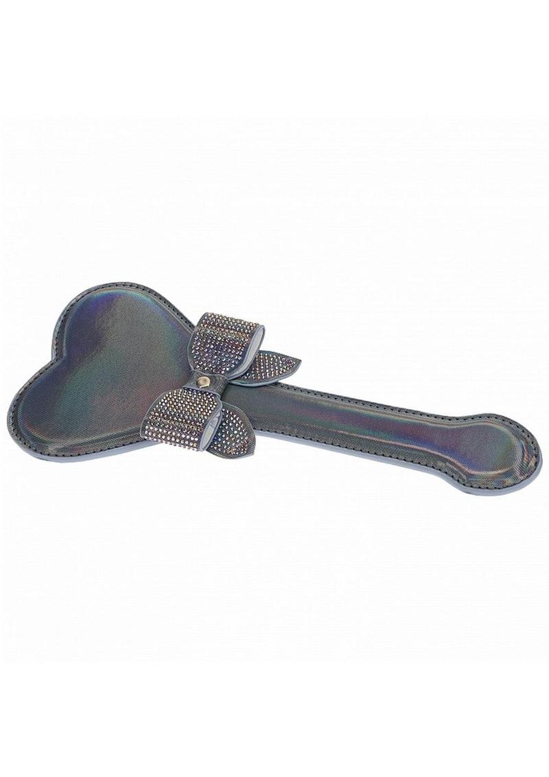 Ouch! Paris Collection Paddle - Black Heart-shaped paddle with iridescent hardware and rhinestone bow, available in black, pink, and blue for decorative or BDSM use.