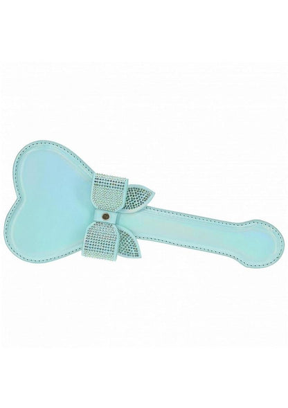 Ouch! Paris Collection Paddle - Blue Heart-shaped paddle with iridescent hardware and rhinestone bow, available in black, pink, and blue for decorative or BDSM use.