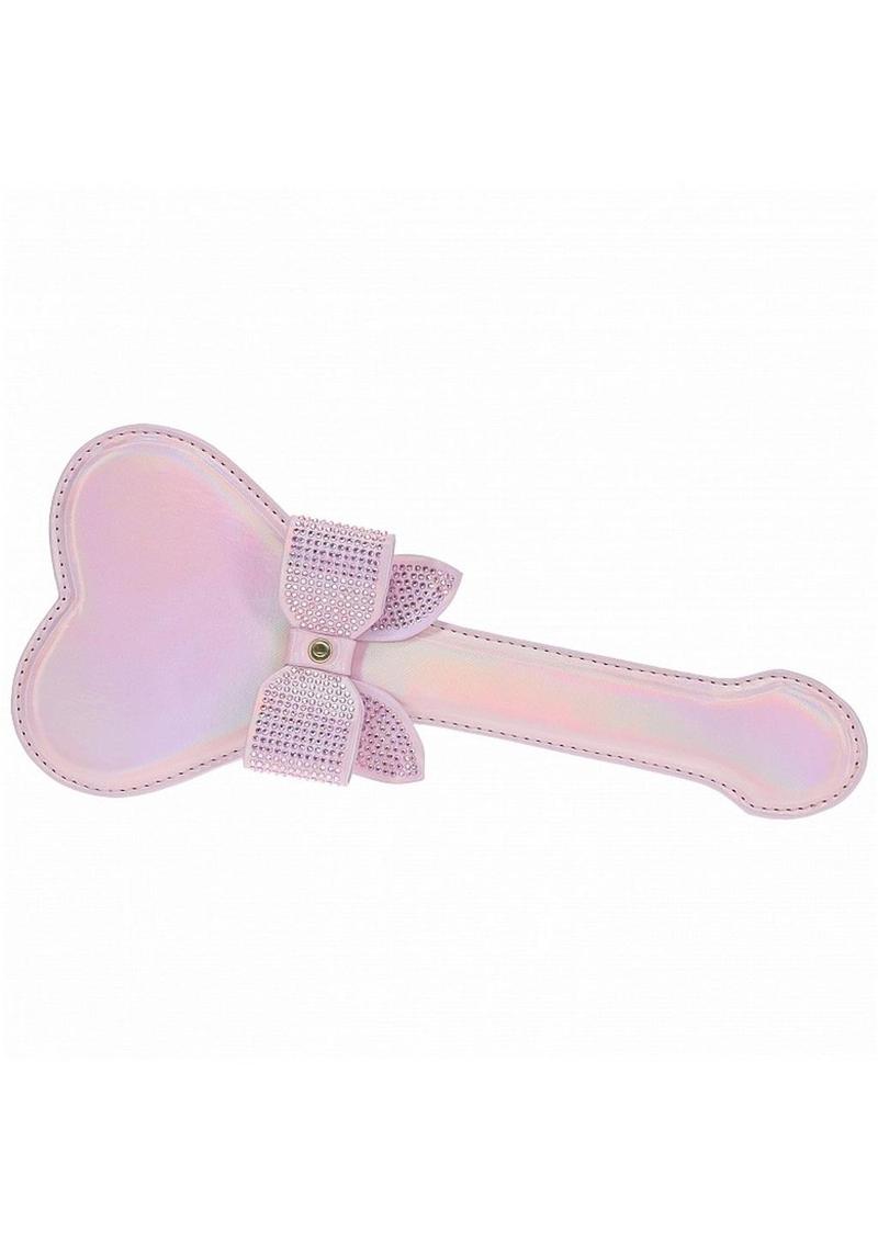 Ouch! Paris Collection Paddle - Pink Heart-shaped paddle with iridescent hardware and rhinestone bow, available in black, pink, and blue for decorative or BDSM use.