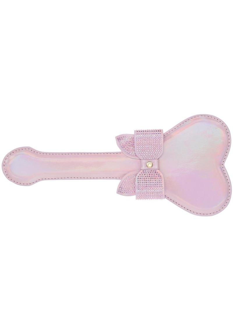 Heart-shaped paddle with iridescent hardware and rhinestone bow, available in black, pink, and blue for decorative or BDSM use.