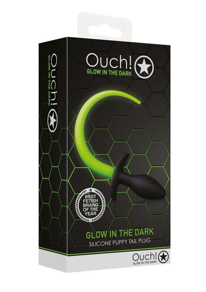 Ouch! Puppy Tail Silicone Plug - Glow In The Dark/Green Glow-in-the-dark silicone pup tail plug with a fluorescent green tail and smooth black plug.
Keywords: Ouch Glow in the Dark Pup Tail Plug, glow-in-the-dark puppy play plug, fluorescent green pet play plug, silicone pup tail plug, glow-in-the-dark pet play toy, BDSM pup play gear, glowing pet tail plug, puppy tail for beginners, glowing pet play accessories, pet play butt plug.