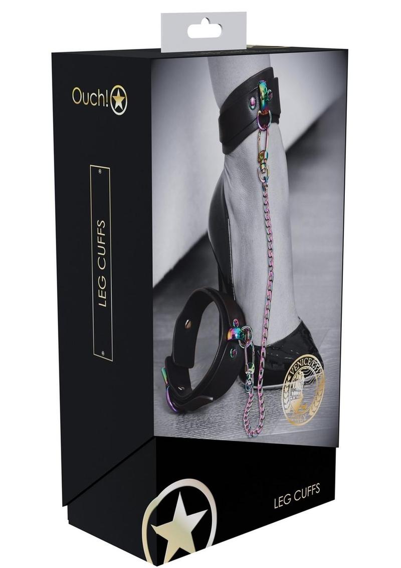 Ouch! Venice Collection Leg Cuffs - Black Venice Collection Ankle Cuffs, BDSM ankle cuffs, black bonded leather cuffs, iridescent hardware cuffs, rainbow chain cuffs, adjustable ankle cuffs, stylish BDSM gear, D-ring ankle restraints, decorative BDSM cuffs, Shots Toys warranty.