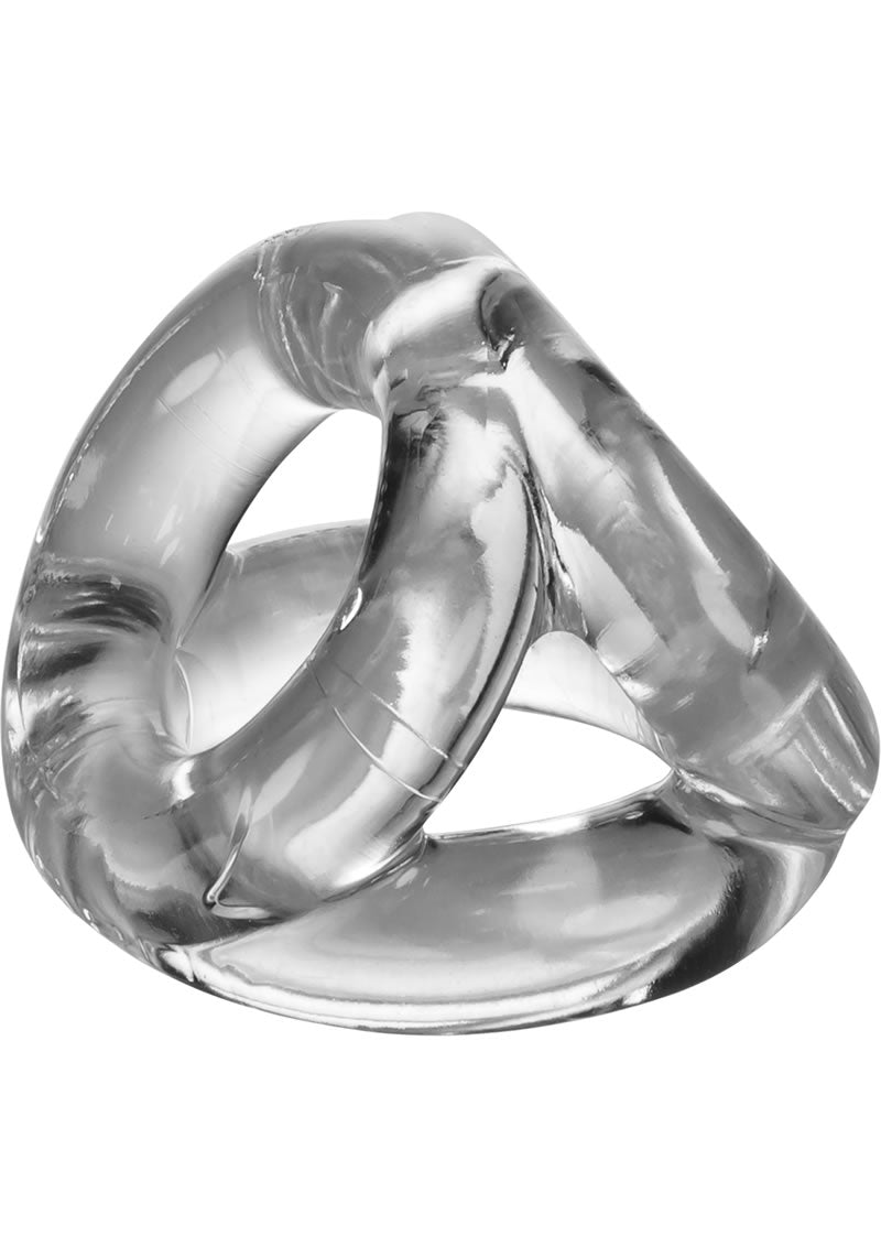 Oxballs Atomic Jock Tri-Sport Cock Ring - Clear Three-ring cock sling made from soft FLEX-TPR for versatile grip and ultimate comfort. Keywords: TRI-SPORT cock sling, Oxballs three-ring sling, FLEX-TPR cock ring, ball separator sling, versatile cock ring, bulge-enhancing ring, soft stretchy cock sling, tri-cock ring design, phthalate-free sling, ultimate cock and ball sling.