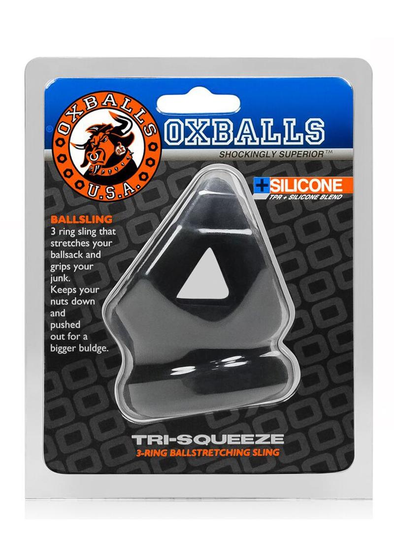 Oxballs Tri-Squeeze Silicone 3-Ring Ball Stretching Sling - Black TRI-SQUEEZE cocksling by Oxballs, featuring a built-in ball stretcher, 3-ring design, and soft PLUS+silicone™ material in black, blue, or clear.

cocksling, Oxballs TRI-SQUEEZE, ball stretcher sling, 3-ring cocksling, black cocksling, blue cocksling, clear cocksling, PLUS+silicone cocksling, bulge-enhancing sling, ball support ring, customizable cocksling.