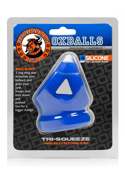 TRI-SQUEEZE cocksling by Oxballs, featuring a built-in ball stretcher, 3-ring design, and soft PLUS+silicone™ material in black, blue, or clear.

cocksling, Oxballs TRI-SQUEEZE, ball stretcher sling, 3-ring cocksling, black cocksling, blue cocksling, clear cocksling, PLUS+silicone cocksling, bulge-enhancing sling, ball support ring, customizable cocksling.