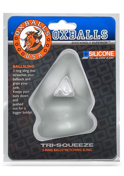 Oxballs Tri-Squeeze Silicone 3-Ring Ball Stretching Sling - Clear/Clear Ice TRI-SQUEEZE cocksling by Oxballs, featuring a built-in ball stretcher, 3-ring design, and soft PLUS+silicone™ material in black, blue, or clear.

cocksling, Oxballs TRI-SQUEEZE, ball stretcher sling, 3-ring cocksling, black cocksling, blue cocksling, clear cocksling, PLUS+silicone cocksling, bulge-enhancing sling, ball support ring, customizable cocksling.