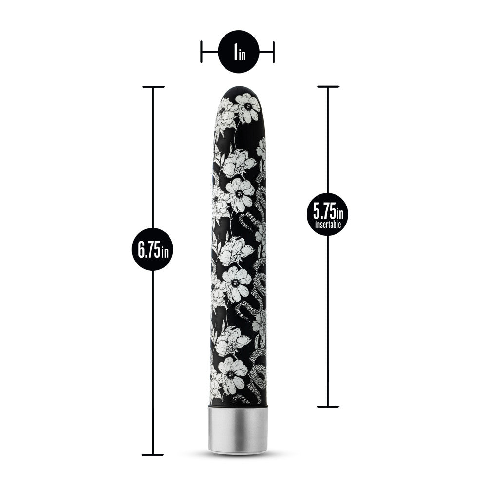 Black slimline vibrator with a white floral pattern, featuring RumbleTech™ vibrations, USB charging, and waterproof functionality.
Keywords: slimline vibrator, floral vibrator, black vibrator, RumbleTech vibrator, USB rechargeable vibrator, waterproof sex toy, elegant vibrator, body-safe sex toy, customizable vibrator, luxury adult toy.