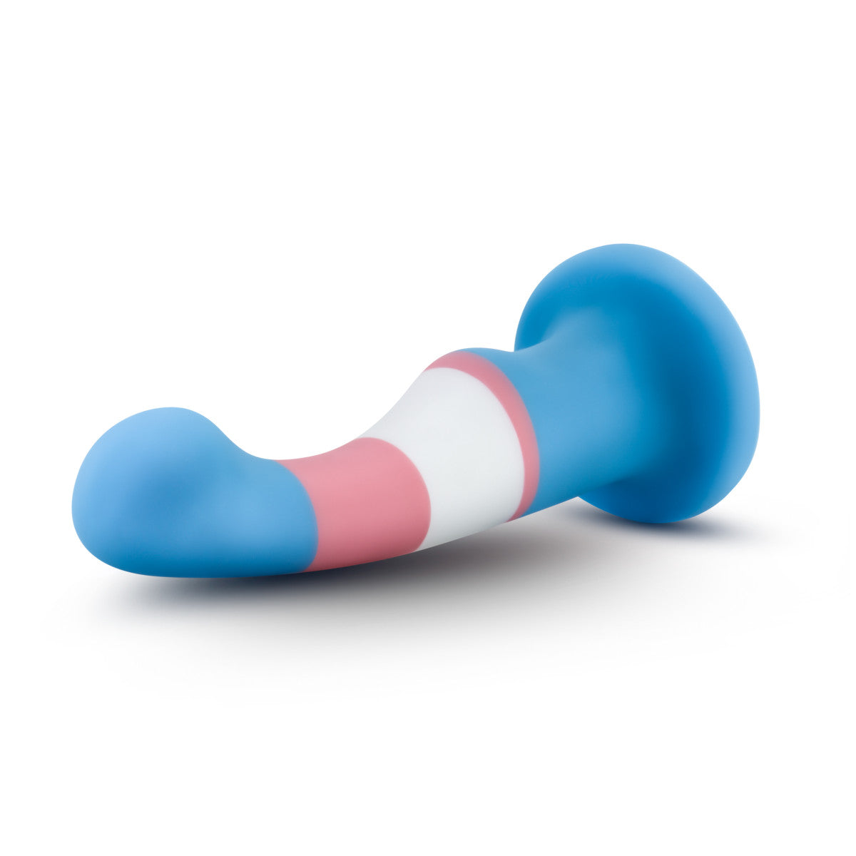 Trans pride flag-colored silicone dildo with a curved shaft, suction base, and smooth finish for G-spot or P-spot stimulation. Keywords: trans pride dildo, Avant dildo, G-spot dildo, P-spot dildo, suction cup dildo, harness-compatible dildo, body-safe silicone dildo, Purio silicone, colorful pride dildo, artisan-crafted dildo.