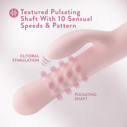 Pink rabbit vibrator with pulsating textured shaft, dual stimulation, and waterproof silicone design for G-spot and clitoral pleasure.
Keywords: rabbit vibrator, Jaymie vibrator, pulsating shaft, G-spot vibrator, clitoral stimulation, dual-stimulation vibrator, waterproof vibrator, USB rechargeable, platinum-cured silicone, soft silicone vibrator, expanding shaft, body-safe vibrator, 9.25-inch vibrator