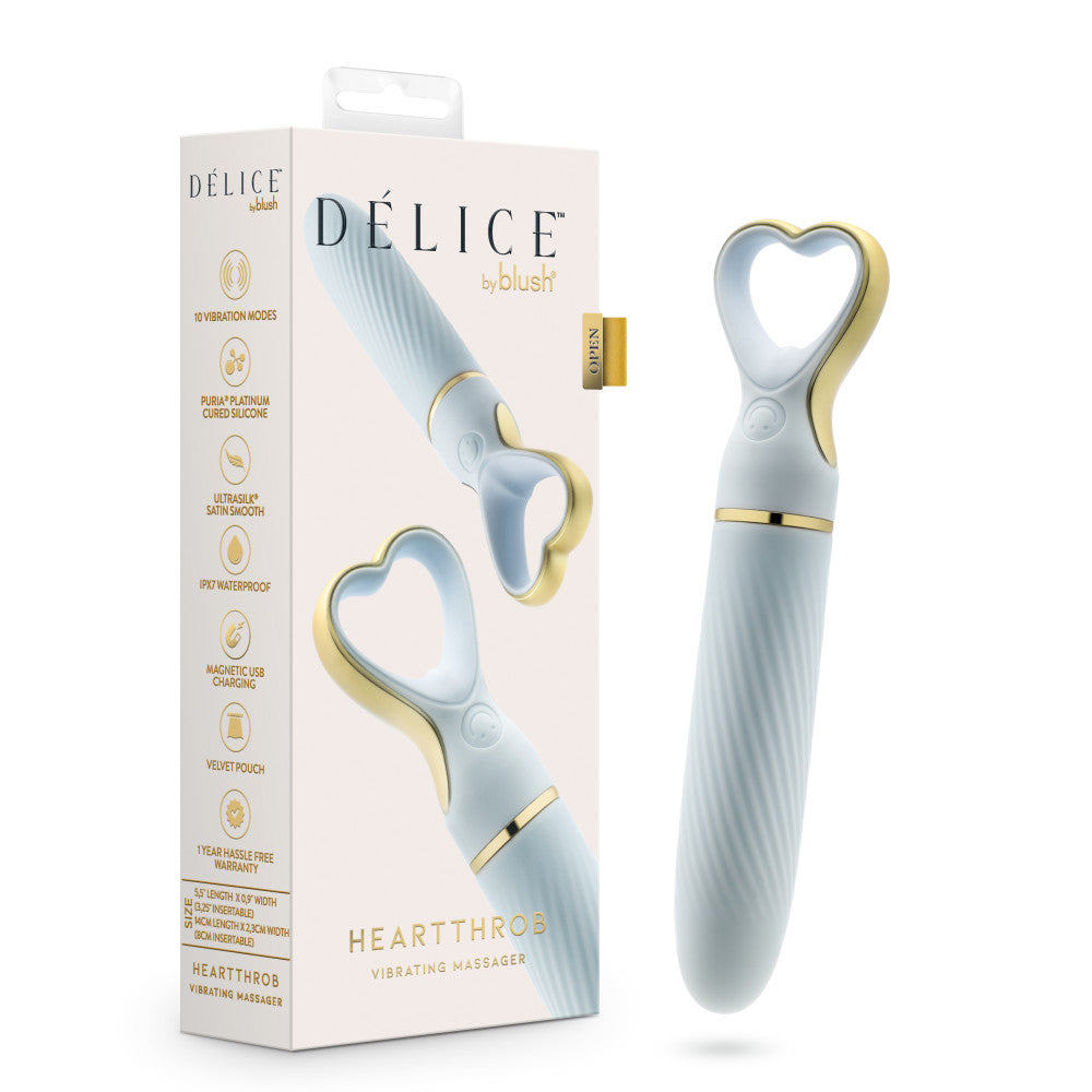 A chic, heart-shaped vibrator with 10 vibration modes, a tapered tip, and a gold-accented handle. Made from soft silicone, it’s splashproof, USB rechargeable, and compact for travel. 
Keywords: Delice vibrator, heart-shaped handle, chic vibrator, Puria silicone, UltraSilk finish, splashproof vibrator, USB rechargeable, travel-friendly vibrator, 10 vibration modes, compact vibrator, body-safe silicone, giftable vibrator